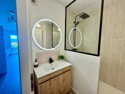 a bathroom with a sink and a mirror at Deux pièces tout confort sur les hauteurs de Propriano in Propriano