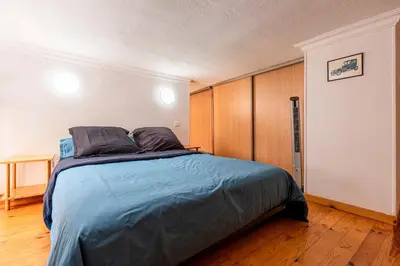 a bedroom with a large bed with blue sheets at Appartement cosy - Hyper centre-ville in Ajaccio