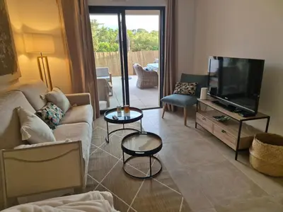 a living room with a couch and a flat screen tv at Appartement Neuf Grande Terrasse AGOSTA PLAGE in Albitreccia