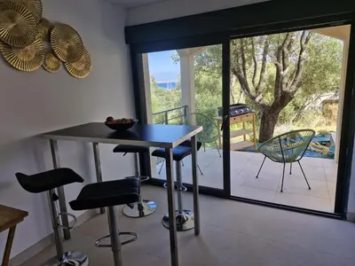 a bedroom with two bunk beds and a window at Maison Rez-de-jardin 80 m de la plage in Serra-di-Ferro