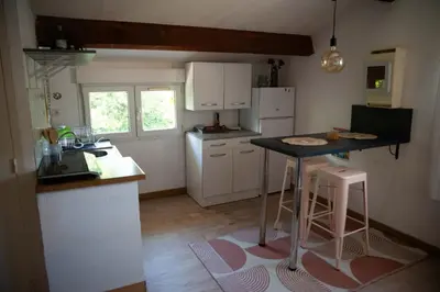 a kitchen with a counter and a table in it at Appartement calme & cosy vue montagne in Corte