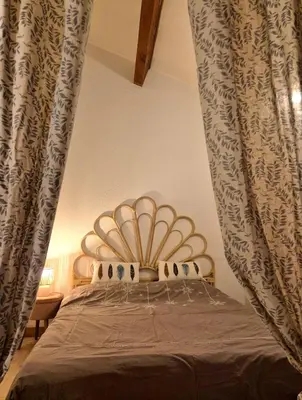 a bedroom with a bed with a canopy and curtains at Appartement calme & cosy vue montagne in Corte