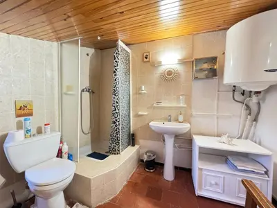 a bathroom with a toilet and a shower and a sink at L'Alcôve - Wifi, TV, Central in Bonifacio