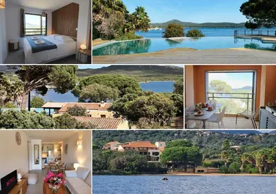 a collage of photos of a house with a view at U Mare - T2 cabine avec vue mer, plage & piscine in Pianottoli-Caldarello