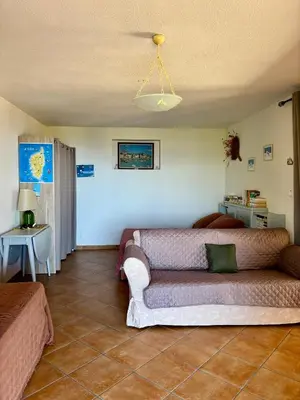 a living room with a couch and a table at Grand appartement vue mer Agosta in Albitreccia