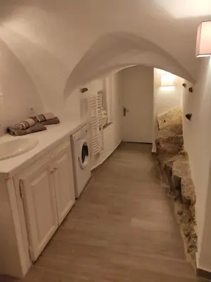 a laundry room with a sink and a washer and dryer at Les voûtes de Pascaline, vue mer et montagne, Lama in Lama