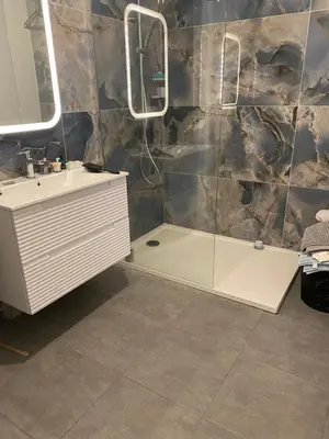 a bathroom with a sink and a shower at Porticcio Agosta in Albitreccia