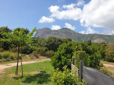 a fence in a field with a mountain in the background at Gozzi Mandriolu in Afa