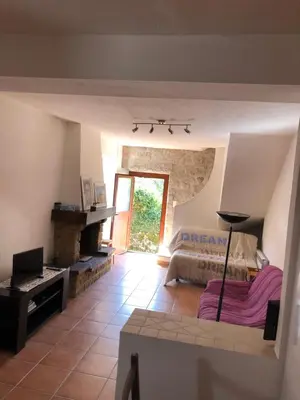 a large room with a bed and a fireplace at Maison de village Frasseto in Frasseto