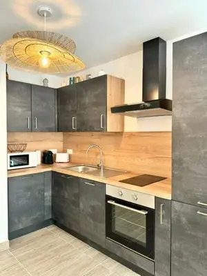 a kitchen with a sink and a stove top oven at T2 confort - résidence privée in Propriano