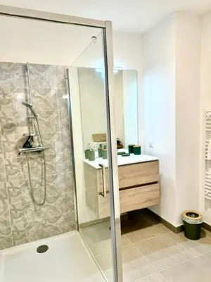 a bathroom with a shower and a sink at T2 confort - résidence privée in Propriano