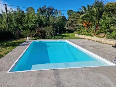 a garden with a tree and a building at T2, rez de villa avec piscine in Afa