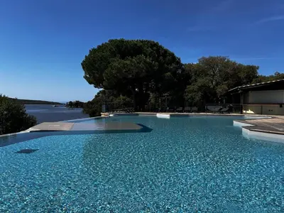 a swimming pool with blue water and a tree at Luxueux T4 de 100m2 avec roof top, piscine et plage in Pianottoli-Caldarello