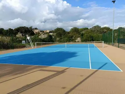 a blue tennis court with a net on it at Luxueux T4 de 100m2 avec roof top, piscine et plage in Pianottoli-Caldarello