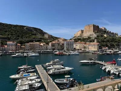 a bunch of boats docked in a harbor with a castle at L'Ancrage - TV, Vue sur le port, Wi-Fi in Bonifacio