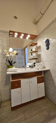a bathroom with a sink and a mirror at T1 Pinedda, Studio confort-Vue mer- Calme & soleil in Propriano