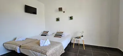a bedroom with two beds and a tv on the wall at T2 Résidence Dolce & Vita B4 vue mer et piscine in Propriano