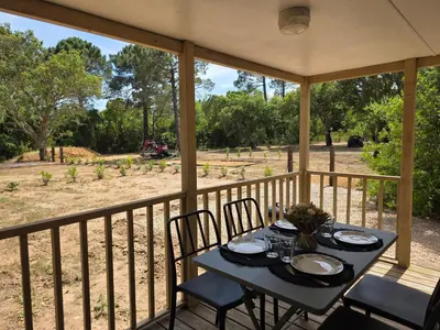 a table on a porch with a view of a field at La Vigne in Lecci