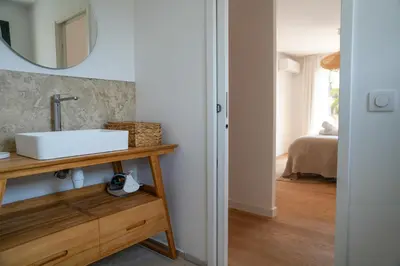 a bathroom with a sink and a mirror at Bergerie entre plage et maquis in Zonza