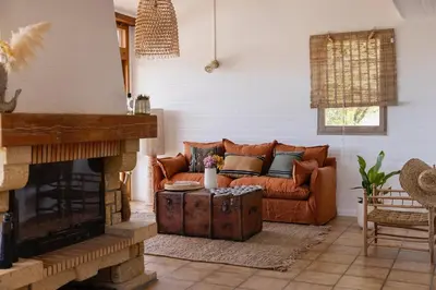 a living room with a couch and a fireplace at Signura, maison entre mer et maquis in Piana