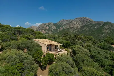 an aerial view of a house in the middle of a forest at Signura, maison entre mer et maquis in Piana