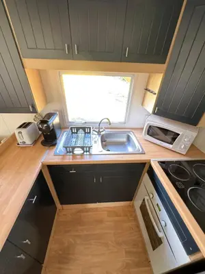 a small kitchen with a sink and a microwave at I Dui Quarci in Prunelli-di-Fiumorbo