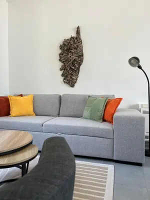 a living room with a gray couch with colorful pillows at La villa Timeo in Pietrosella