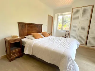 a bedroom with a large bed with a wooden headboard at L'appartement Vicente in Aléria