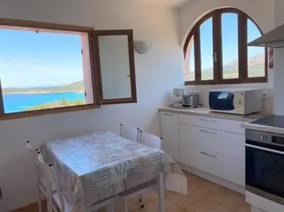 a kitchen with a table and a microwave and a window at Appartement splendide vue mer in Cargèse
