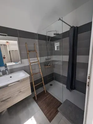 a bathroom with a shower and a sink and a mirror at Maison climatisée de 3 chambres avec piscine privée in Sotta