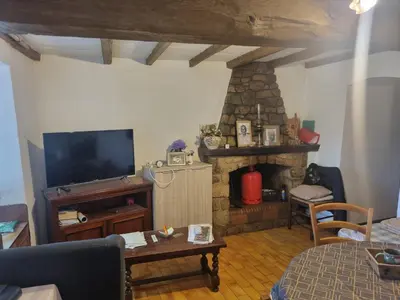 a living room with a tv and a stone fireplace at maison de village in Carbuccia