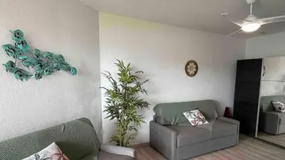 a living room with a couch and a chair at Studio vue Mer 4 personnes climatisé in Santa-Lucia-di-Moriani