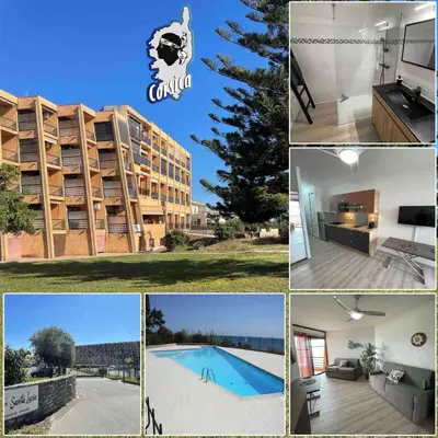 a collage of photos with a building and a pool at Studio vue Mer 4 personnes climatisé in Santa-Lucia-di-Moriani