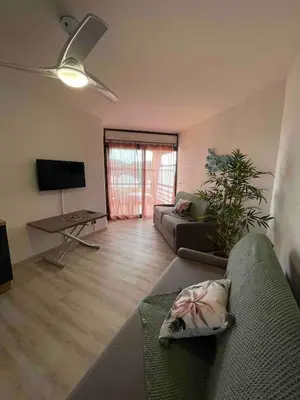 a living room with a couch and a tv at Studio vue Mer 4 personnes climatisé in Santa-Lucia-di-Moriani