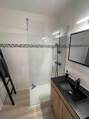 a bathroom with a shower with a sink and a mirror at Studio vue Mer 4 personnes climatisé in Santa-Lucia-di-Moriani