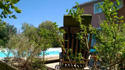 a yard with a pool and a chair and trees at Canopee by Pinarello Villa Services in Zonza