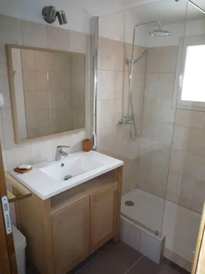 a bathroom with a sink and a shower at Canopee by Pinarello Villa Services in Zonza