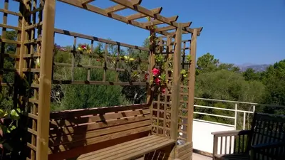 a wooden pergola with flowers on a balcony at Canopee by Pinarello Villa Services in Zonza