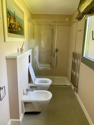 a bathroom with a toilet and a shower and a sink at Villa Lavezzi in Bonifacio