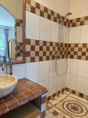 a bathroom with a sink and a shower at Casa Flamingo in Porto-Vecchio