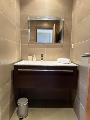 a bathroom with a sink and a mirror at T4 Cote Plage N6 face a la mer in Pinarellu