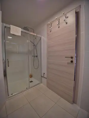a shower in a bathroom with a glass shower stall at Duplex Cosy- Sérénité en Bord de Mer in Borgo