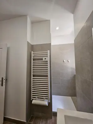 a bathroom with a shower and a sink at Maison Fernand & Marie Claire in Coti-Chiavari
