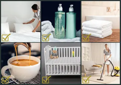 a collage of pictures with a crib and towels at Casa di Lilla - Escapade dans une maison de charme in San-Gavino-di-Carbini