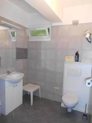 a bathroom with a toilet and a sink at B&B la rivière in Penta-di-Casinca