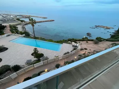 an overhead view of a swimming pool and the ocean at Haut standing- Face à la mer! 3 chambres-piscine semi olympique in Sari Solenzara