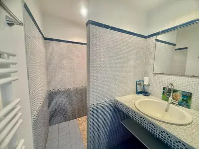 a bathroom with a sink and a shower at Villa d'exception à Tizzano in Sartène