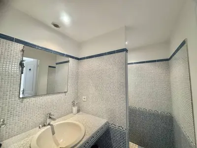 a bathroom with a sink and a shower with a mirror at Villa d'exception à Tizzano in Sartène