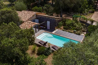 an aerial view of a house with a swimming pool at La Bergerie - Les Sittelles in Pinarellu