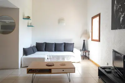 a living room with a couch and a coffee table at maison climatisée fibrée 2 chambres à 9 min à pieds d'une grande plage in Venzolasca
